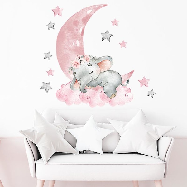 Et sett med veggklistremerker liten elefant sover på månen stjerner. Avtakbart veggdekor Veggdekorasjon til soverom Stue kontor kjøkken