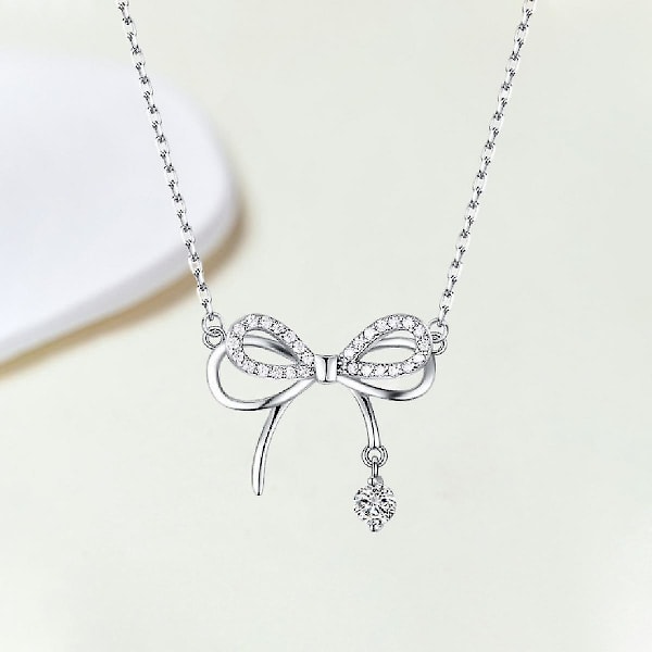 925 Sterling Sølv Kubisk Zirkonia Butterfly Ribbon Bow Tassel Vedhæng Elegant Halskæde Til Kvinder Piger E917-53