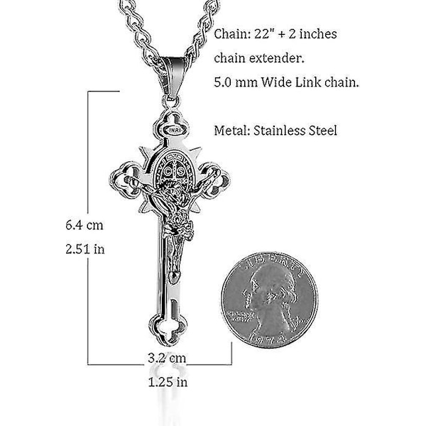 Halskæde med Kors i Rustfrit Stål St. Benedikt Krucifiks Bibel Bøn Vedhæng Religiøst Smykke med Kæde Gave til Mænd (Sølv)
