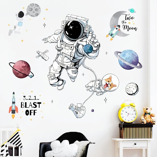 Astronaut Väggar Planet Rymden Corgi Hund Diy Avtagbar Vinyl Stora Väggkonst Dekorationer För Barn Pojkar Sovrum Vardagsrum Spelrum Väggmålningar