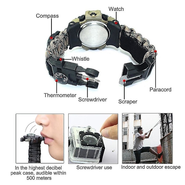 7 i 1 Utendørs Overlevelsesklokke Taktisk Paracord Armbåndsklokke Med Kompass Skrape Termometer Paracord Fløyte Campingverktøy