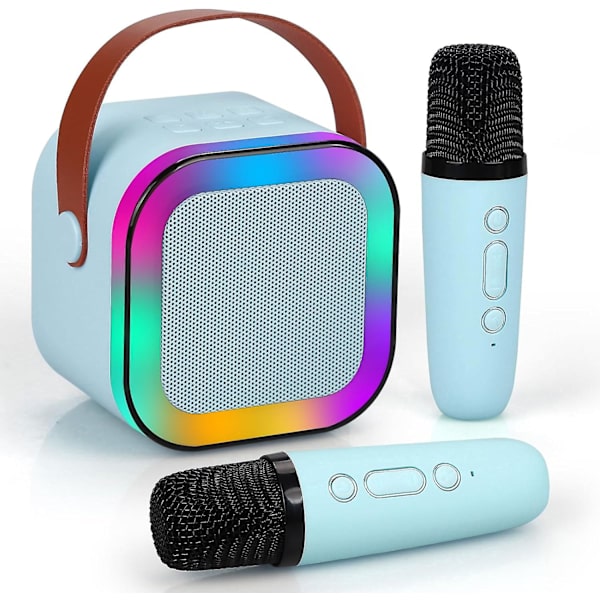 Karaokemaskin för barn & vuxna, mini bärbar Bluetooth-karaokespeaker med 2 trådlösa mikrofoner och dynamiska lampor (blå)