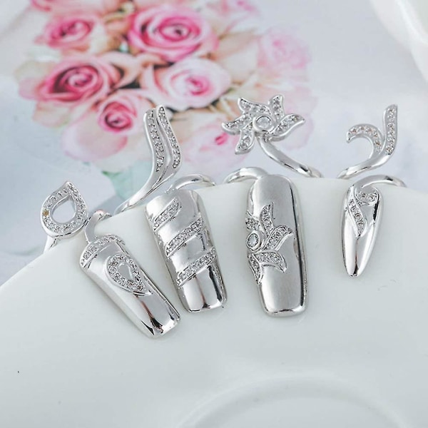 Rhinestone Fingernail Ring Finger Tip Justerbar Öppning Nail Art Charms Tillbehör För Kvinnor Flickor, Silver