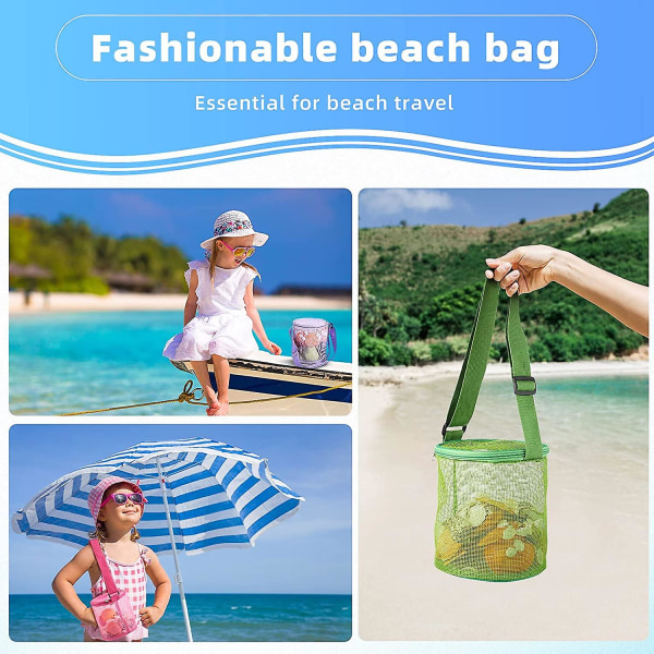Set med 4 Beach Toys Mesh Beach Bag Seashell Collector Bag Cylindrisk väska med justerbara remmar och dragkedja