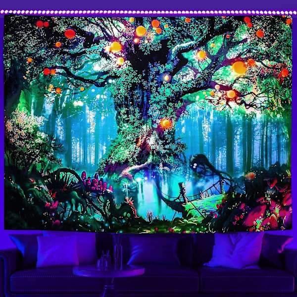 Svartljus Fantasy Forest Väggbonad, UV-Reaktiv Naturälvor Väggbonad för Sovrum, Storlek 150cm x 200cm (59.1 x 80 tum).