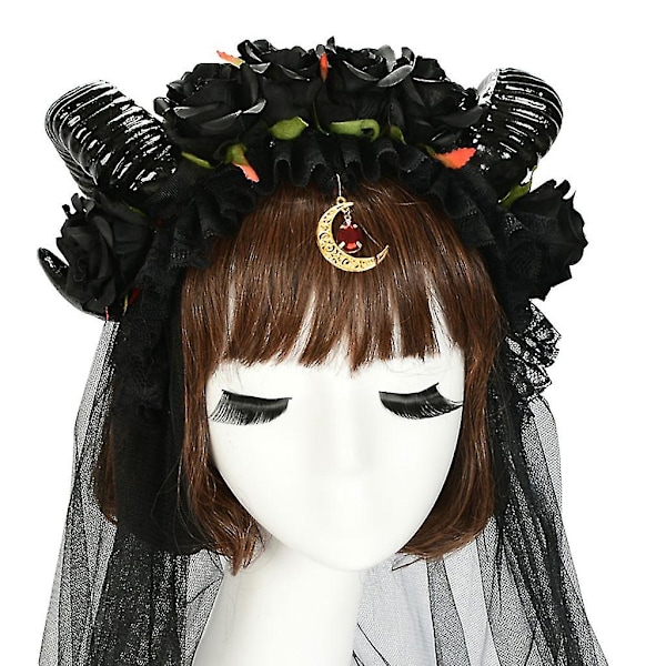 Halloween Lolita Cosplay Pandebånd Fårhorn Sort Rose Blomst Krans Hårbånd Langt Mesh Slør Måne Vedhæng Hovedbeklædning