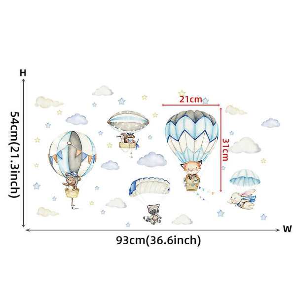 Et sett med veggklistremerker for barn-Dekorasjon til babyromsmønster Dyr luftballonger skyer- Veggklistremerke