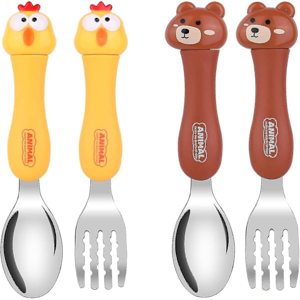 Rustfrit Stål Børnebestik Gaffel Og Ske (Brun Bjørn + Gul Kylling) 4 Stk
