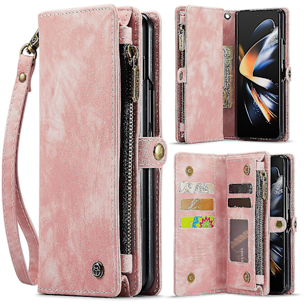Plånboksfodral med blixtlås Kompatibelt med Samsung Galaxy Z Fold 4, PU-läderfodral med kortfack & handledsrem (Rosa)