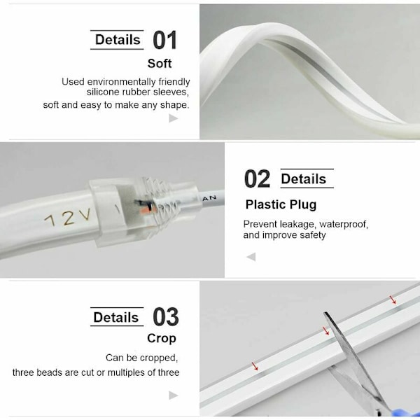 Flexibla LED-remsor i neon, vattentäta LED-remsor i neon, perfekta för inomhusdekoration, 12V-remsa (utan tillbehör) - Vit
