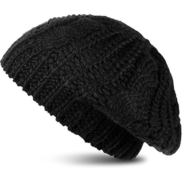 Knitted Beret Women Black Bouffant Braided Beret Crochet Beret Hat Winter Loose Chunky Beanie Warm Ski Cap