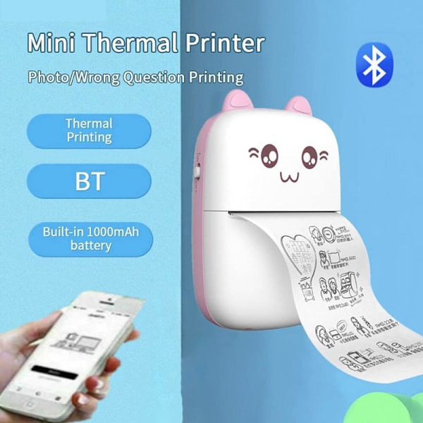 Mini fotoprinter, trådløs Bluetooth termisk bærbar lommeprinter, innebygd 1000 mAh batteri, søt etikettprinter for studier og daglige notater