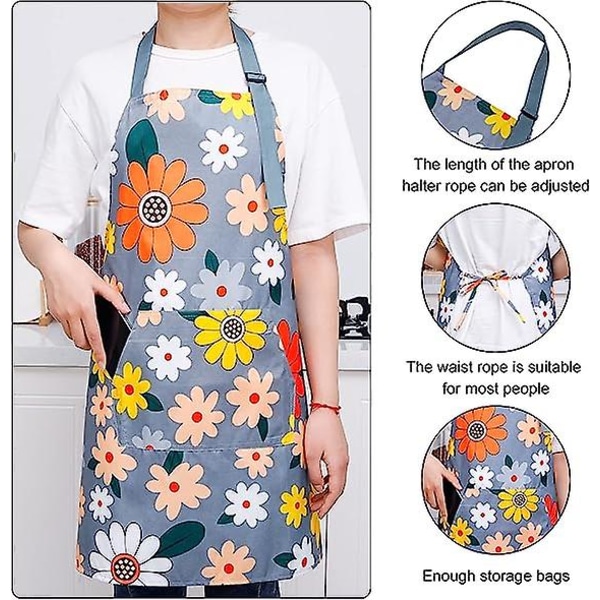 Kjøkkenforkle Justerbart Vanntett Forkle med Lomme, Blomsterforkle for Kvinner Menn, Kokk Polyester Forkle for Grill, Matlaging, Hagearbeid, Restaurant,