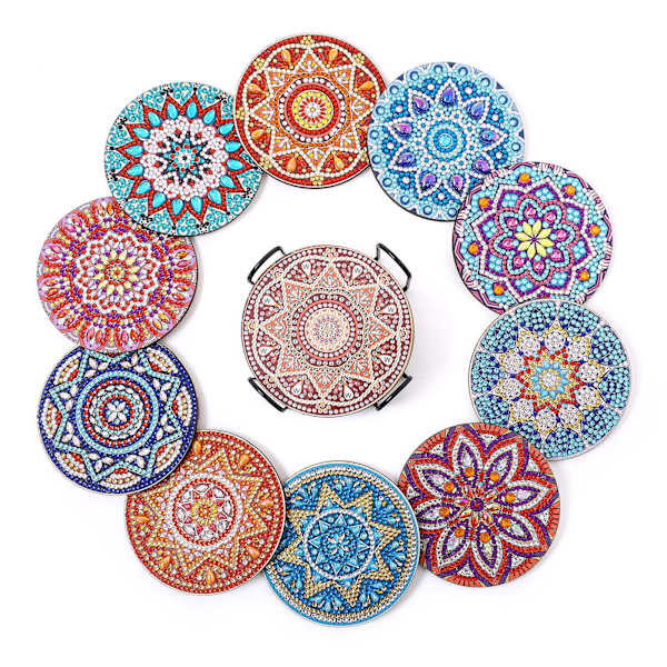 10 stk. Diamond Painting Coasters med Holder, Diamond Art Painting Mandala, Diamond Painting Voksne, Diamond Painting Sæt, DIY