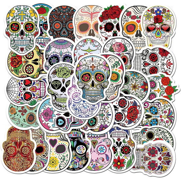 50 st Halloween Sugar Skull Stickers, Dia De Los Muertos Mexican Day of the Dead dekal, Laptop Vattenflaska Bagage Godis Skull Stickers