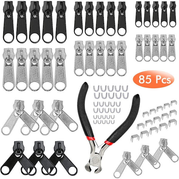 85 st ersättningsdragkedjor, dragkedjereparationsset med minitång, dragkedjersättning för kläder, väskor, jackor, tält, bagage