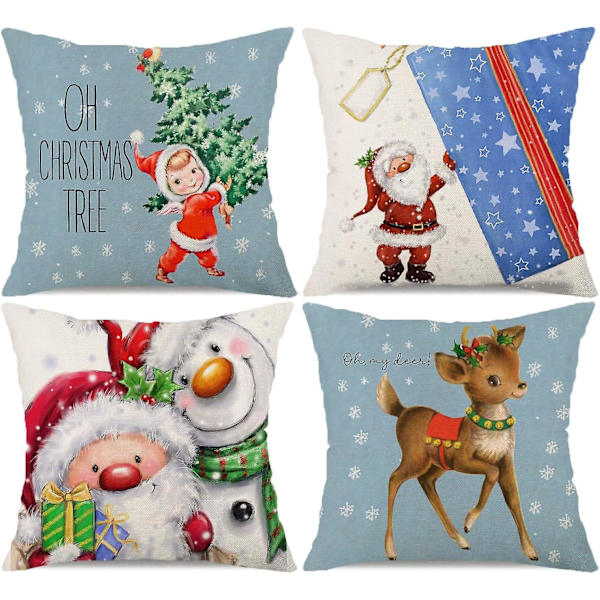 Vintage Juldekoration Kuddfodral 18x18 Set om 4 Snöflinga Julgran Flicka Tomte Rådjur Snögubbe Vinter Semester Kastkuddar