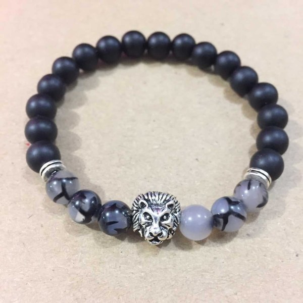Smycken Lion Head Beaded Armband - 8mm blå pärlor, elastisk, stretch