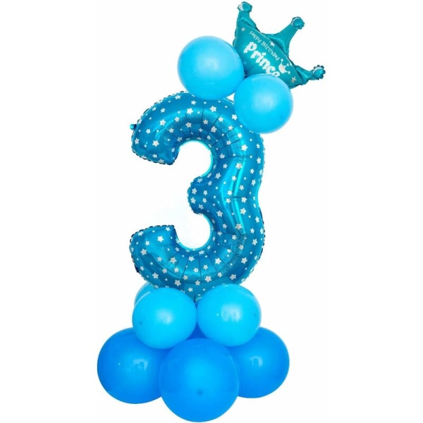 32 tums nummerballonger, folieballonger Crown Number Ballonger Festdekorationsballonger för födelsedagsfest (blå nummer 3)