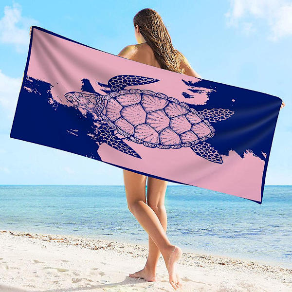 Strandhåndklæde – Blå med et tropisk design, L 70*150CM Cool Hawaiian, Navy Strandhåndklæde med PINK Lyseblå Stribe,