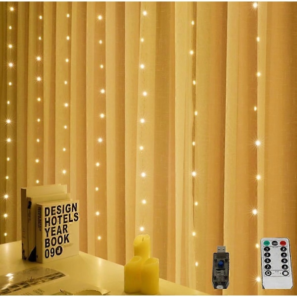 3m LED Gardinljus, 300 LED-lampor, 8 Lägen, USB med Fjärrkontroll, Vattentät, för Julfest