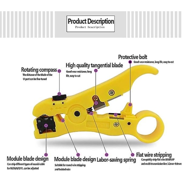 Universal kabelstripper, strippeverktøy, trådstripperkutterverktøy, koaksial RG 59/6/7/11 Cat5/6 UTP koaksial koaksialkabelstripper, for 125 mm koaksial og