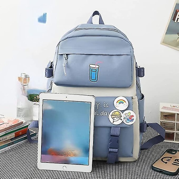 5 st Anime ryggsäck Combo Set med söt kanin Charm Pin Vacker ryggsäck Laptop School Essential Kit (lila)