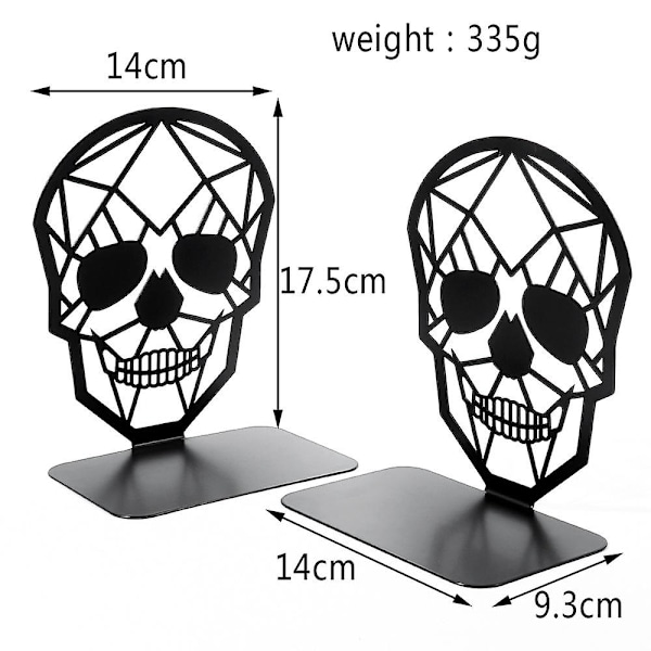 Metal Design Bogstøtter Sorte Bogstøtter, Heavy Duty Bogstøtter Til Bogreoler, Sorte Skalle Bogstøtter Til Tunge Bøger (2stk)