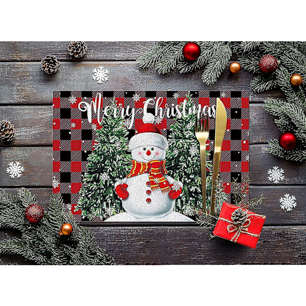 Julemand Snemænd Bordskånere til Spisebord Sæt af 4 Glædelig Jul Sød Snemænd med Juletræ Rød og Sort Buffalo Plaid Bomuld Linned Bordskånere