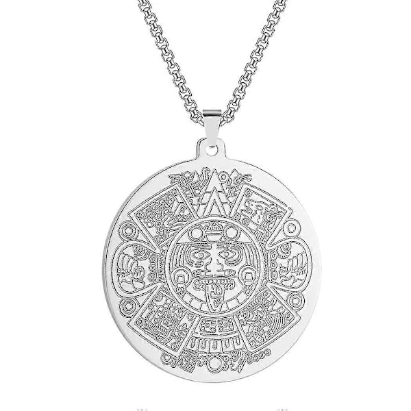 Aztekisk Maya Kalender Hängsmycke Halsband För Män Pojkar Rostfritt Stål Amuletter Rund Mynt Charmstål Hip Hop Kedjor För Män
