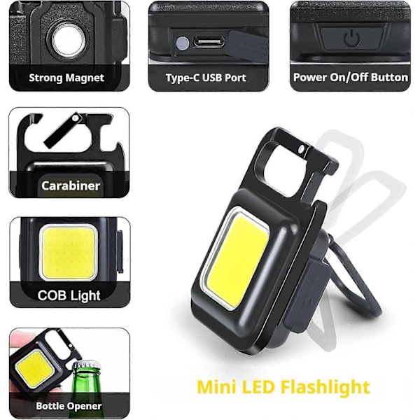 Mini LED arbeidslys, 4 stk 800 lumen inspeksjonslys oppladbare mini nøkkelring verkstedlampe med magnetkrok, COB 4 moduser lommelykter