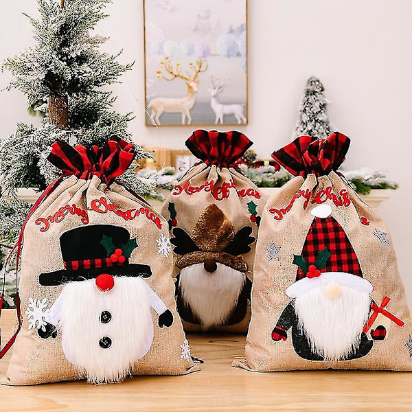 3-pack presentpåse för juldekoration, gammal snögubbe, ren, rutig linne, presentpåse för julen