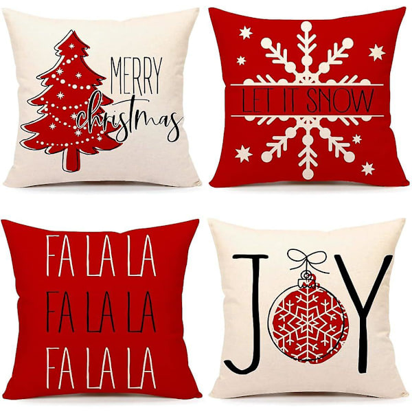 Julkuddar 18x18 Set om 4 Rosa Ränder Tomte Snögubbe Snöflinga God Jul Gran Låt Det Snöa