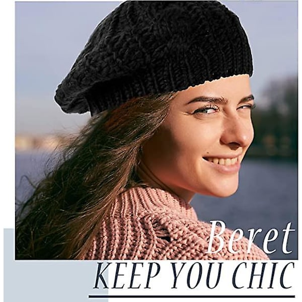 Strik Beret Kvinder Sort Bouffant Flettet Beret Hæklet Beret Hat Vinter Løs Chunky Hue Varm Ski Cap