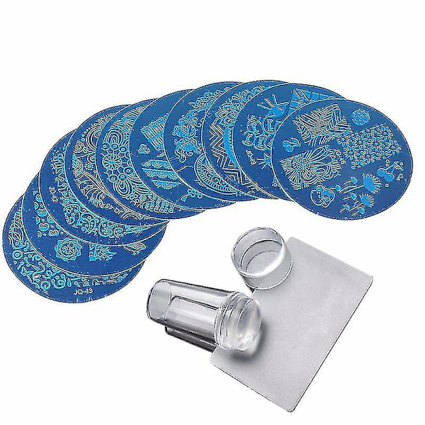 10 stk. Stemplingsplader + Klar Silikon Stamper + Skraber Neglekunst Billede Stemplingsværktøj Manicure Skabelon