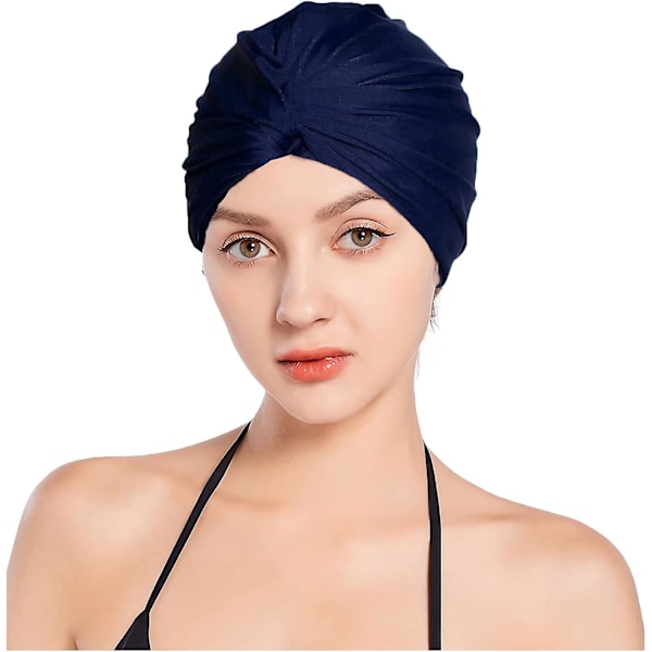 Stof Svømmehætte Plisseret Svømmehat Kvinder Svømmehætte til Turban Hat, Navy Blå