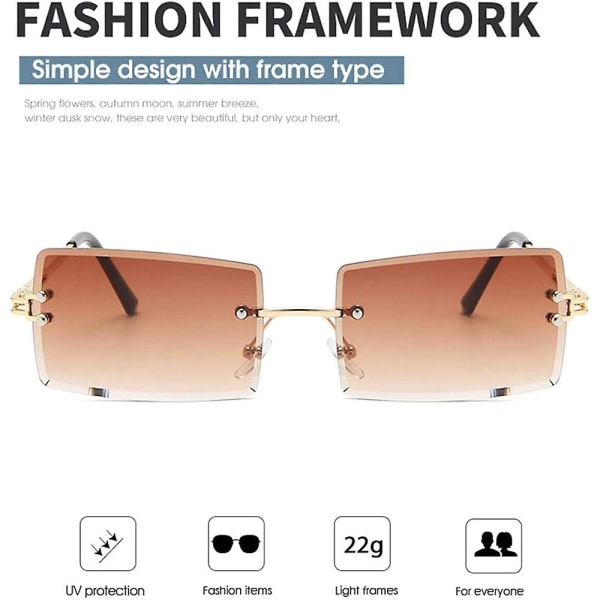 Kantløse rektangelsolbriller Damemote Kantløse firkantede briller Herre Ultralette UV400-briller unisex, mørkebrune, 57