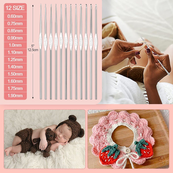 Virka set för nybörjare och vuxna, stickningsstartset för vuxna, inklusive 0,6 - 6,0 mm metallvirknålar, ull