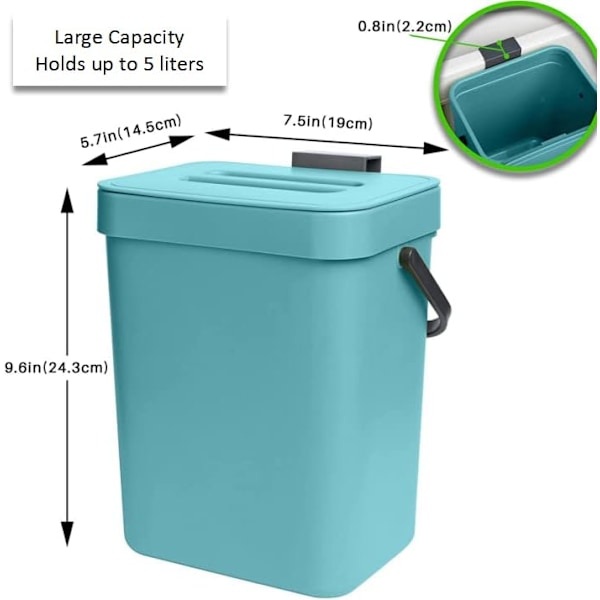 Lille kompostbeholder til køkkenet, skraldespand til bordplade, beholder med låg, kompostbeholder, til indendørs brug, 5 l, blå