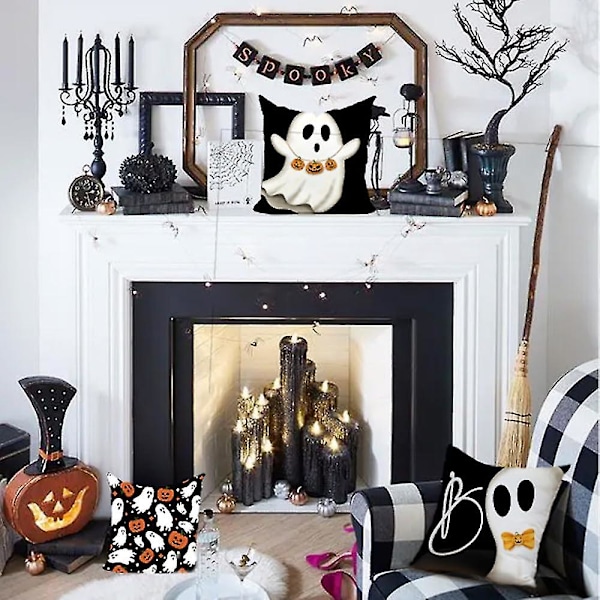 Halloween-tyynynpäälliset 20x20 tuumaa, 4 kpl setti - Haamu, Kurpitsa, Lepakot
