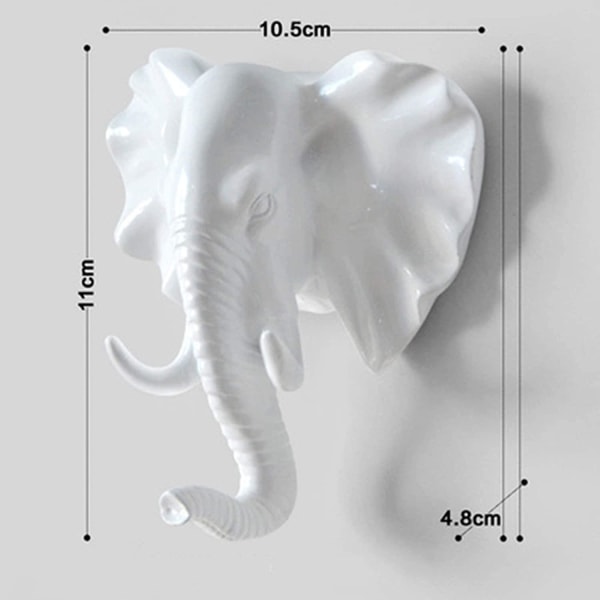 Djurehuvudkrokar, Väggkrokar, Väggnyckelring, Dekorativa Krokar för Kläder, Mössor, Badrockar, Handdukar (Storlek: Elefant, Färg: Vit)