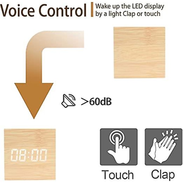 Digital LED-väckarklocka - Träväckarklocka Ljusstyrkenivåer - Mini Sängbordsklocka med Intuitiv Display för Sovrum/Sängbord/Skrivbord/Barninredning
