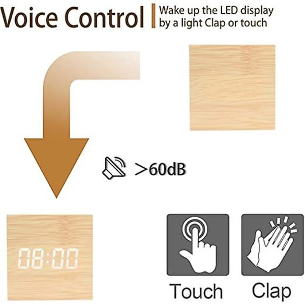 Digital LED-vekkerklokke - Vekkerklokke i tre med lysstyrkenivåer - Mini nattbordsklokke med intuitiv skjerm for soverom/nattbord/skrivebord/barneromsdekor