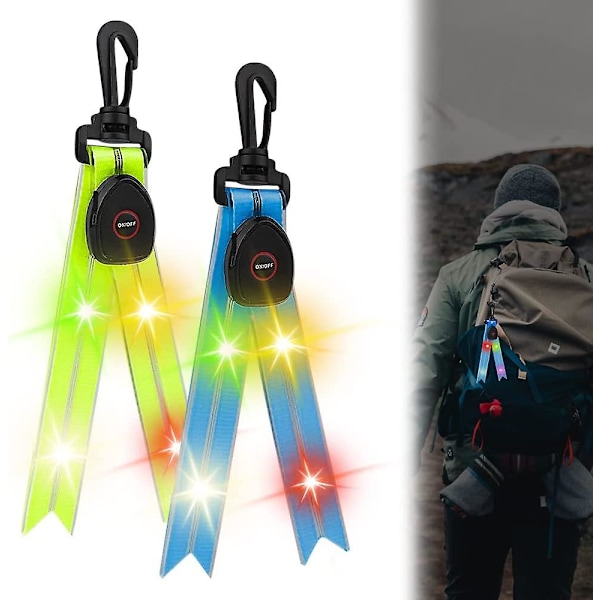 Set med 2 reflekterande hängen, led-blixt, skolväska, säkerhetsreflektor, barnreflektor för skolväska, kläder, (grön, blå)