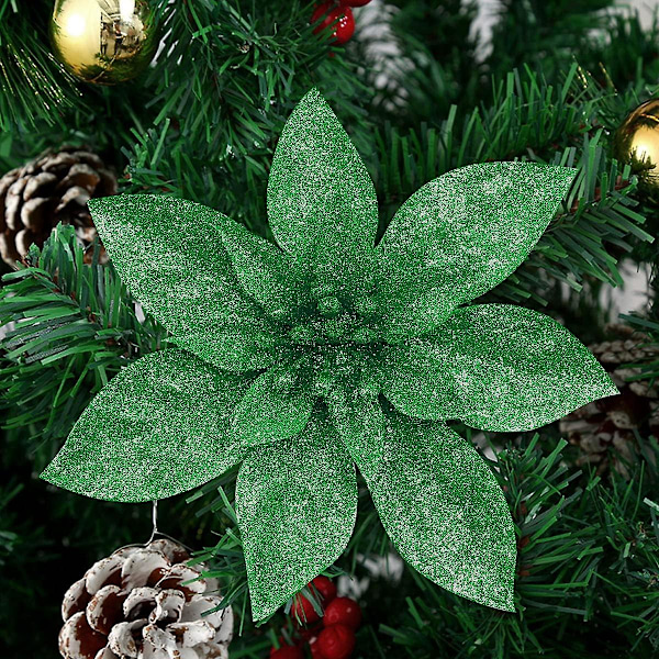 10 st Glitter Julblommor med Konstgjorda Julstjärnor Julgransblommor Dekorationer Julgransprydnader (grön, 15cm)