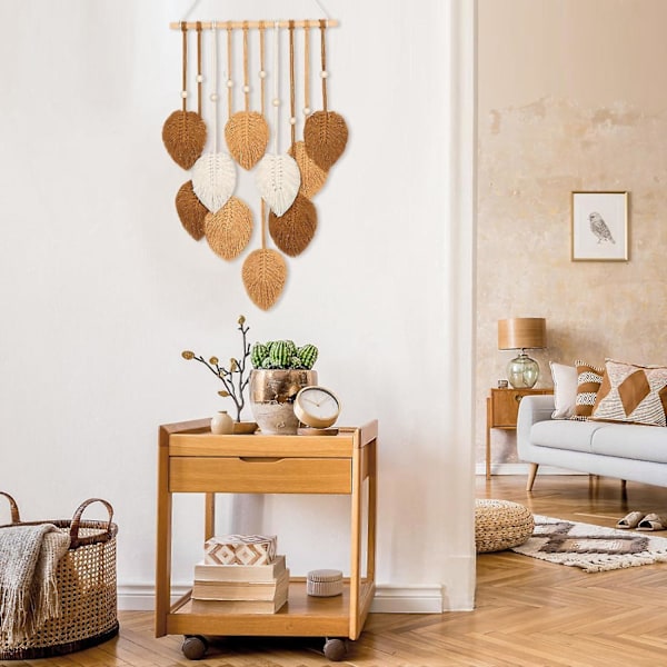 Macrame väggdekoration grön blad tofsväv Boho Chic väggdekor handgjord vävd bomullstrossväv estetisk bohemisk väggkonst för sovrum