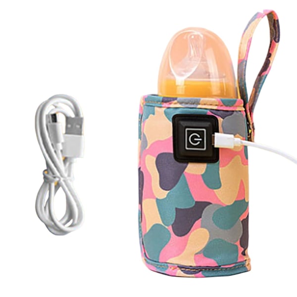 Resevärmare för Flaskor, Bärbar Bröstmjölksflaska Uppvärmningsapparat, USB-Laddning, Isoleringspåse med Niuniu (Kamouflage - Rosa)