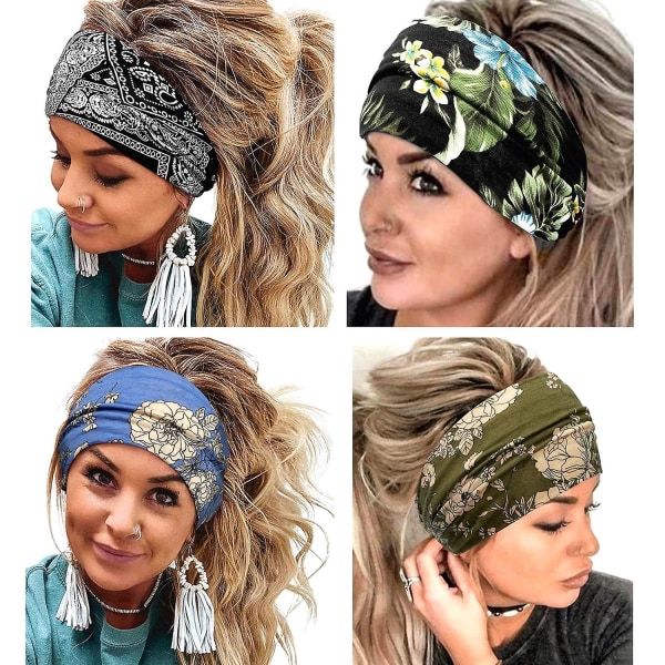 4 stk brede Boho-hodebånd for kvinner Elastisk sklisikker pannebånd Mote hårbånd Stoff pannebånd Hodeplagg Hårtilbehør for strand Yoga Daglig R