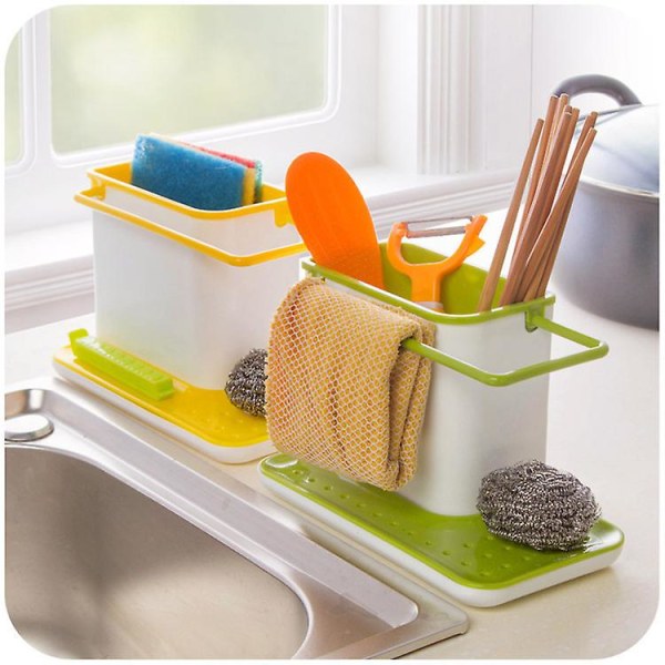 Håndvaskbeholder med integreret afløb, holder til svamp, børste, opvaskemiddel og karklud, Grøn（21*11,4*13,5）