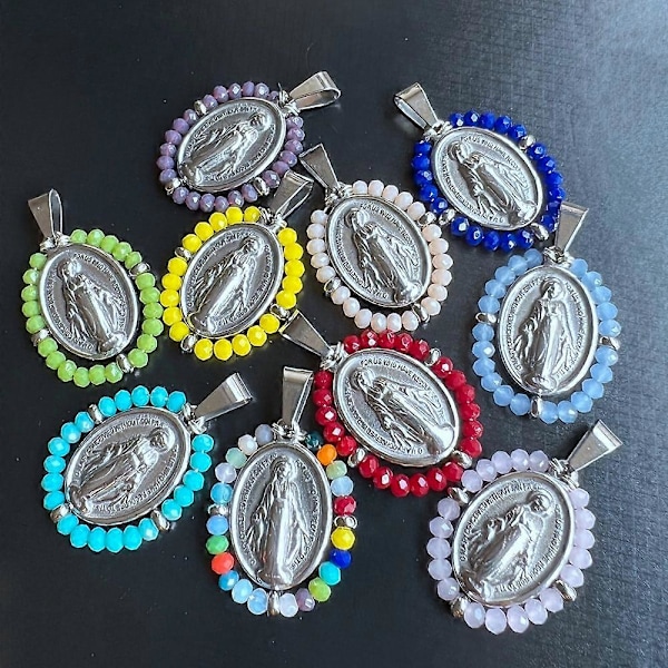 10 st/lot 24x29mm Blandade Färger Rostfritt Stål Lady of Grace Hänge Jungfru Maria &amp; Jungfru Strålar Berlocker för Halsband Gåva &amp; Kvinnor (färg 1)